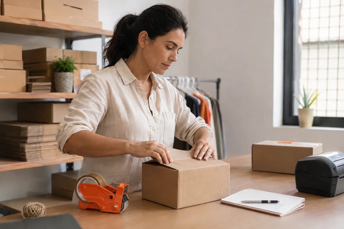 Cena ilustrativa de uma empreendedora preparando uma encomenda em sua operação de vendas online