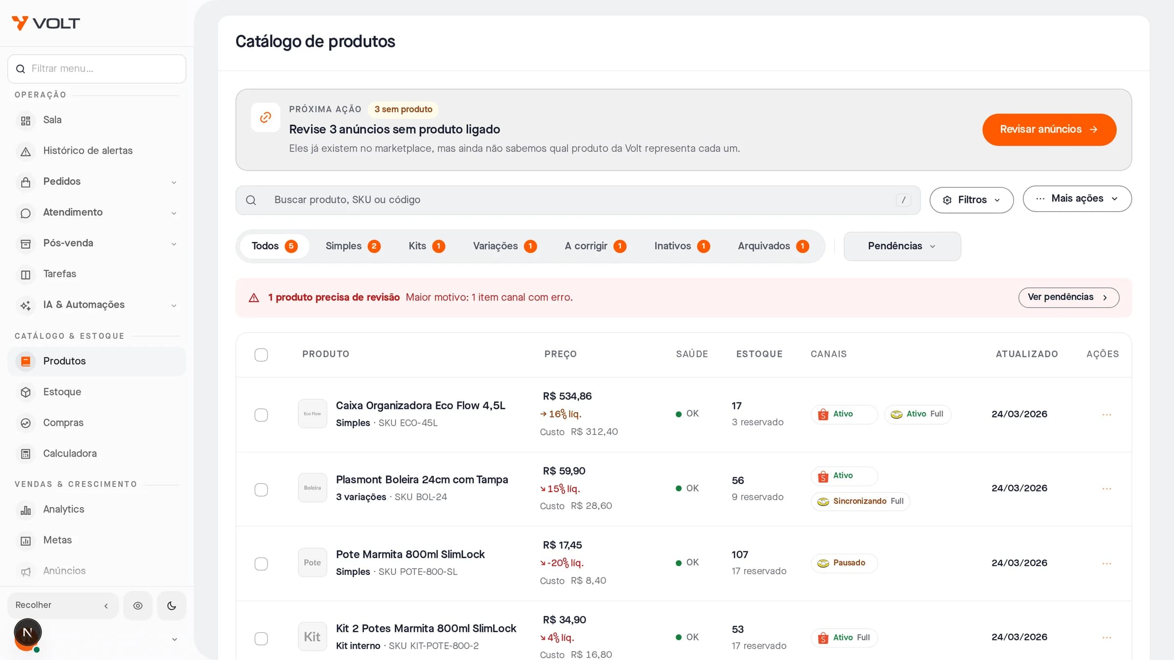 Tela real do catálogo da Volt com produtos, variações e informações de estoque em dados demonstrativos